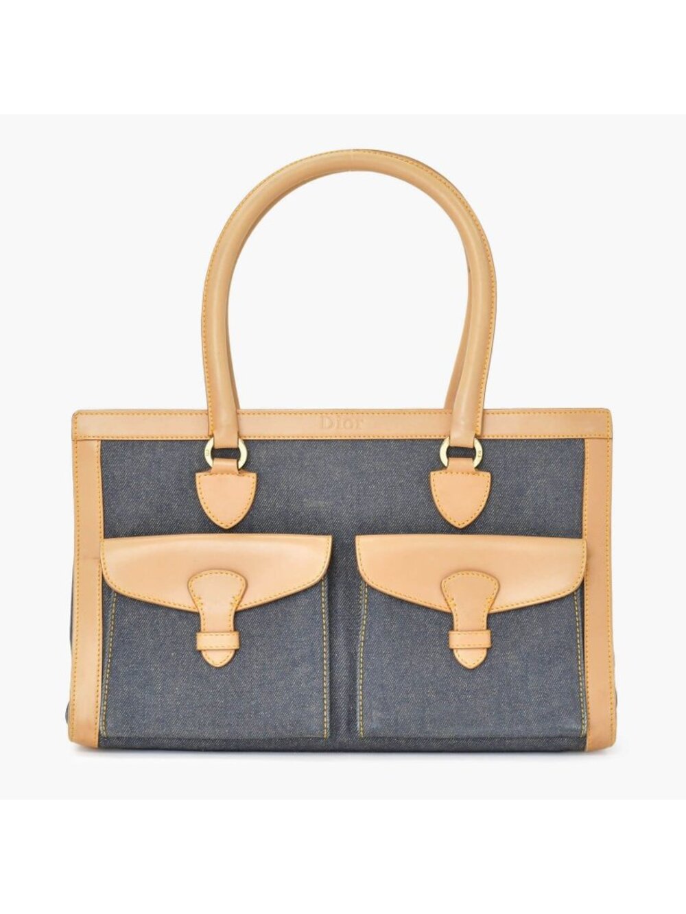 Dior Handbag BO B Denim Leather Navy Brown Gold